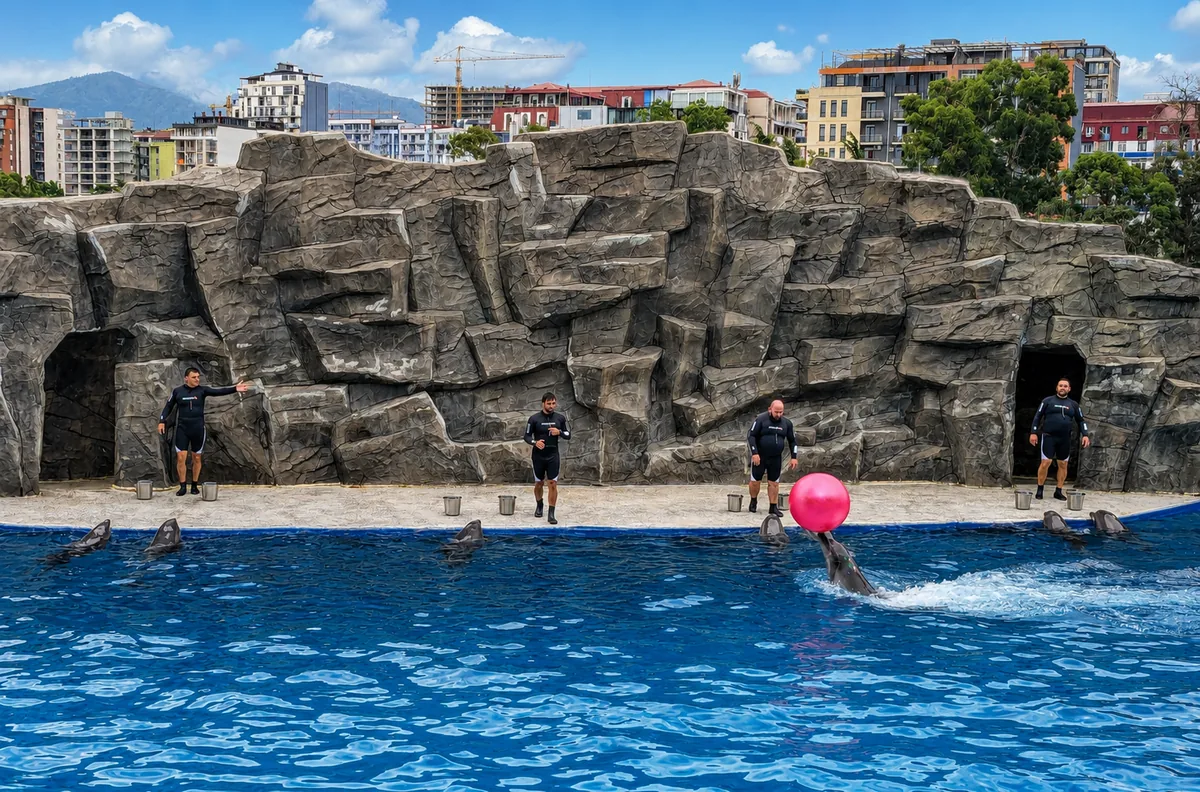 Ein Delfin balanciert bei einer Show im Delfinarium Batumi einen rosa Ball auf der Nase, mit Trainern am Beckenrand, Georgien