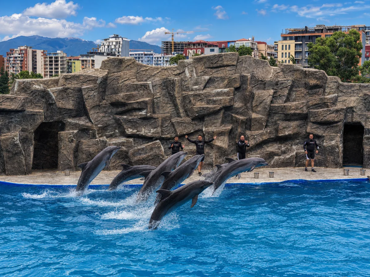Große Tümmler springen in einer Reihe während einer Show im Delfinarium Batumi, mit Trainern und der Stadtsilhouette dahinter, Georgien