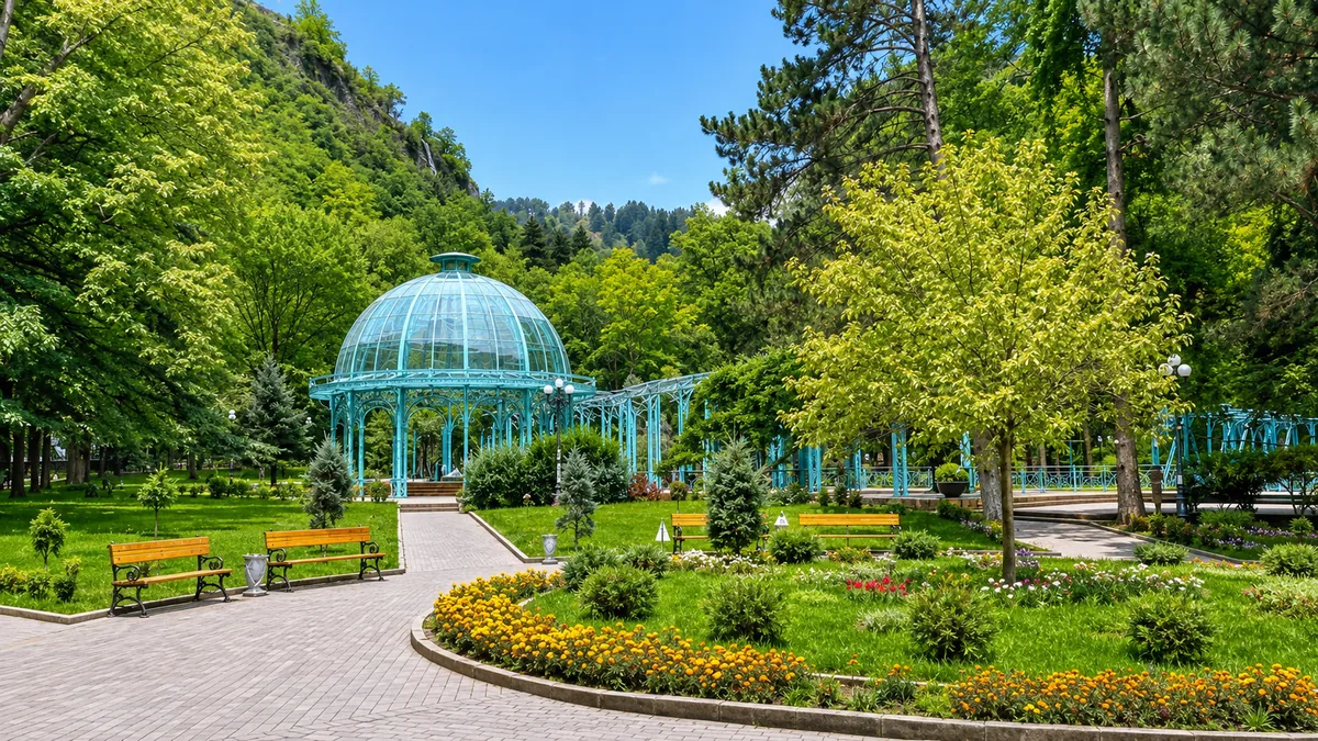 El pabellón de agua mineral con cúpula de cristal turquesa en el parque central de Borjomi, entre céspedes, parterres y laderas boscosas, Samtskhe-Yavajeti, Georgia