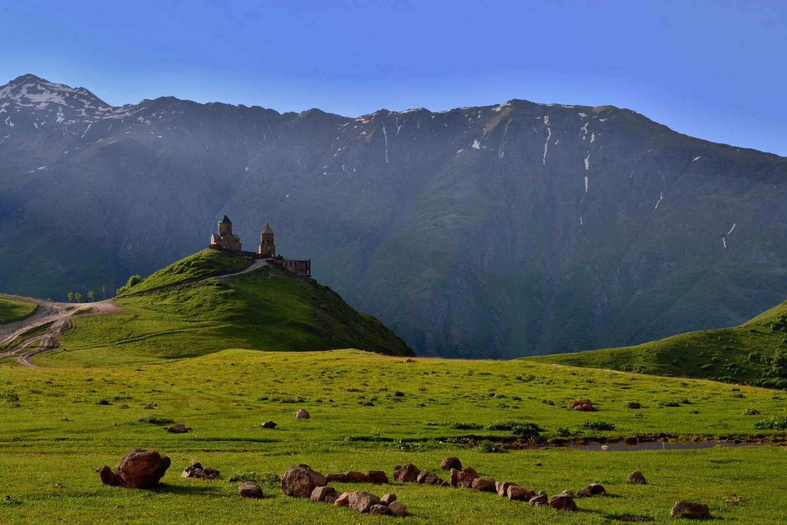 Gergeti Trinity Church with Mount Kazbek in the background