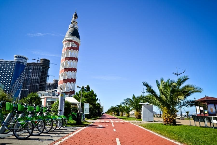 Batumi Black Sea coast with modern architecture and palm trees