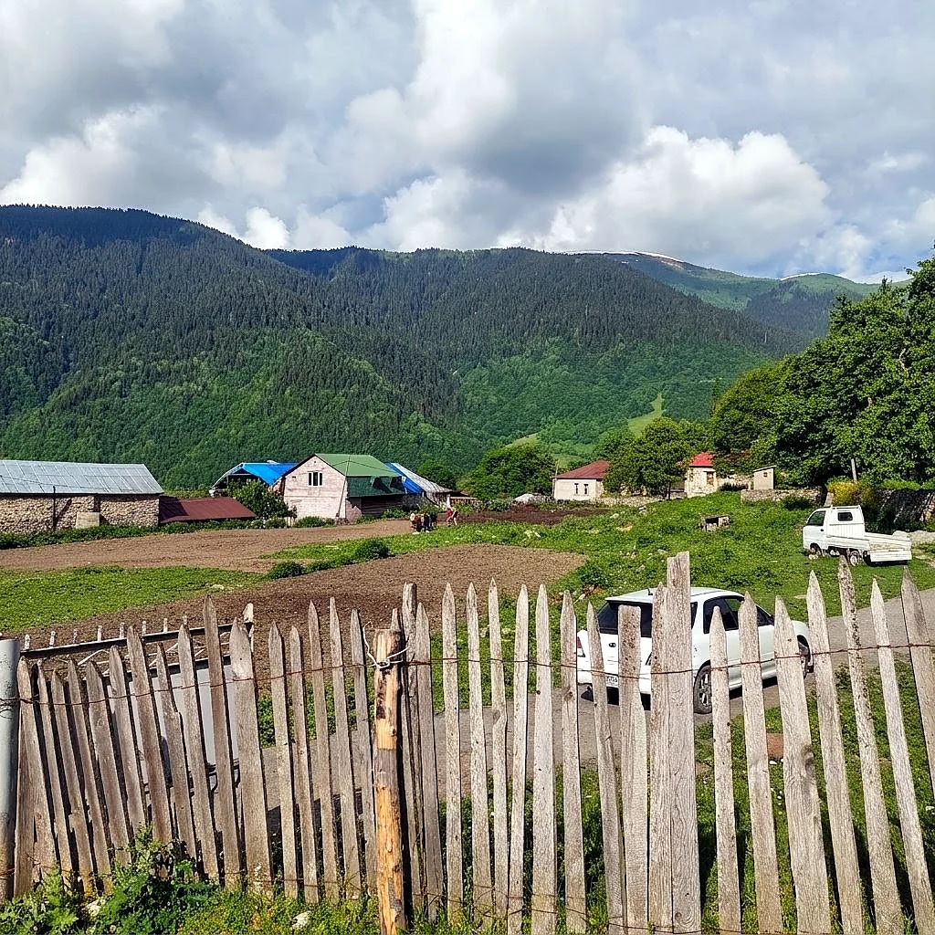 A Svan mountain village with stone houses and forested slopes in the Becho valley, Svaneti, Georgia