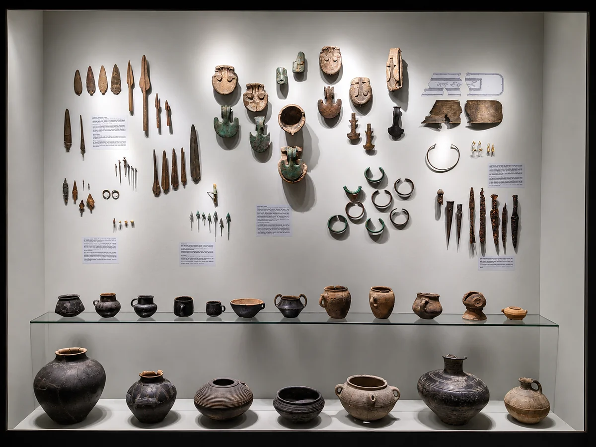 Display case of Bronze Age finds in the Bolnisi Museum: axes, spearheads, bracelets and rows of dark pottery, Georgia