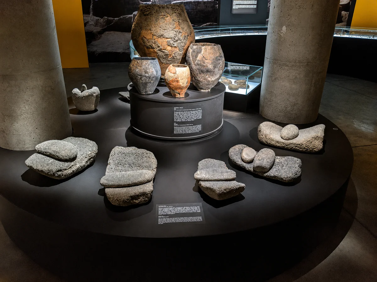 Neolithic grinding stones and large clay vessels displayed on a round platform in the Bolnisi Museum, Georgia