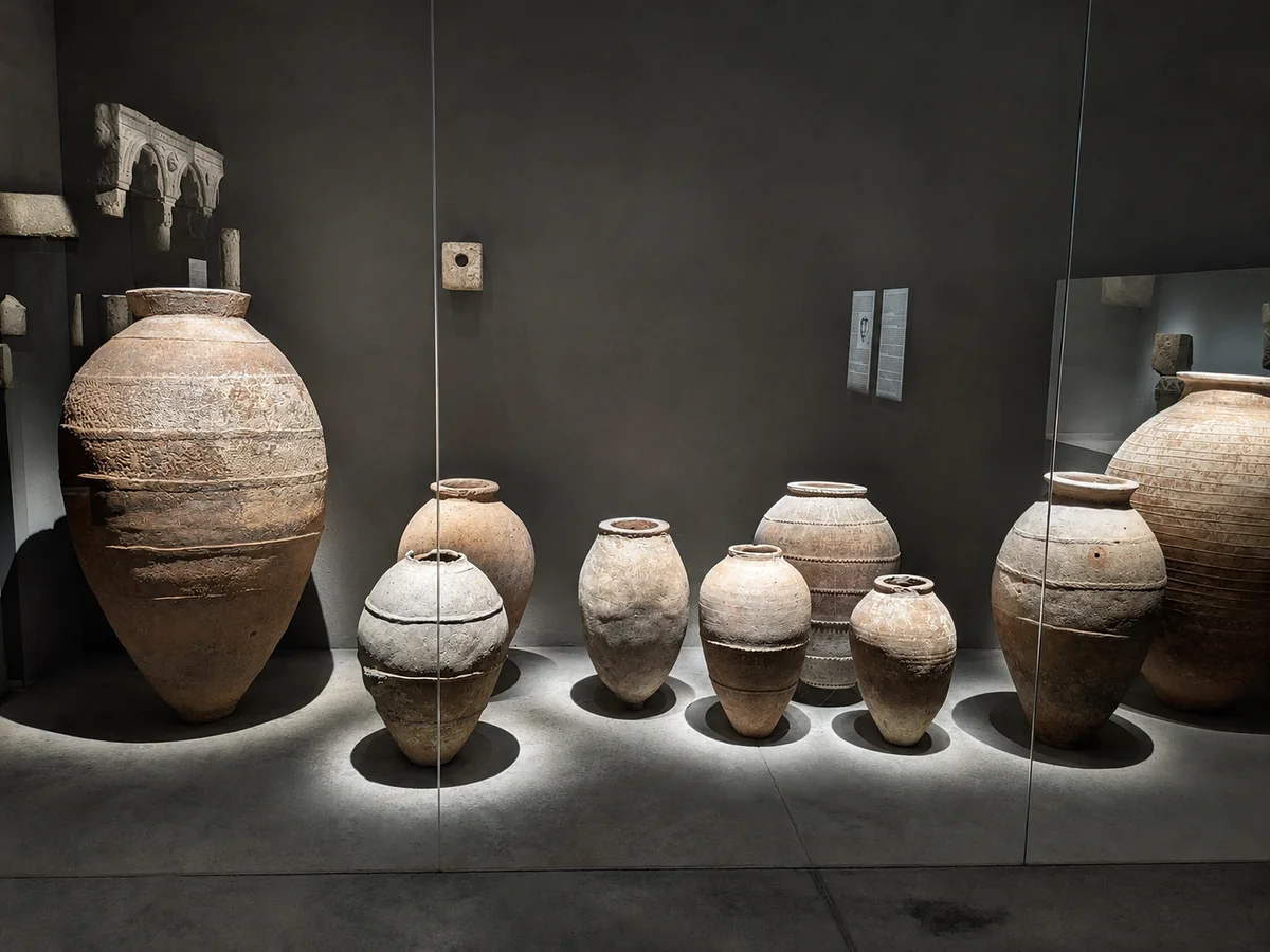 Spotlit large clay storage vessels and carved stone fragments in a dark hall of the Bolnisi Museum, Georgia