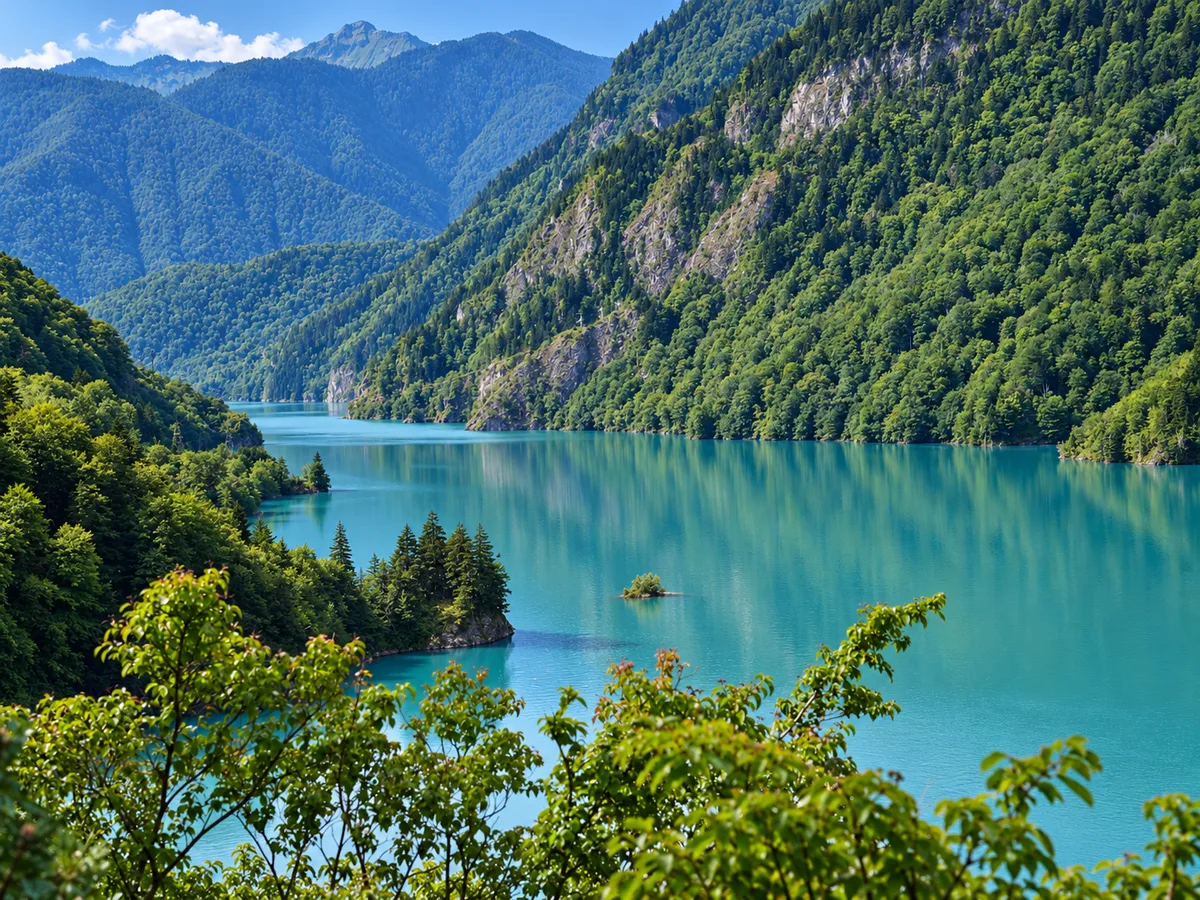 Les parois abruptes et boisées des gorges de l'Enguri enserrant le réservoir turquoise, Géorgie
