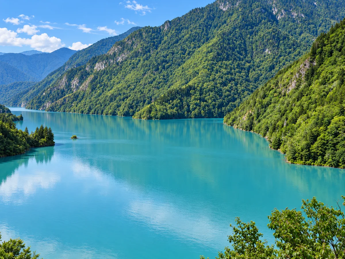 Le réservoir turquoise de l'Enguri serpentant entre des versants boisés, Géorgie