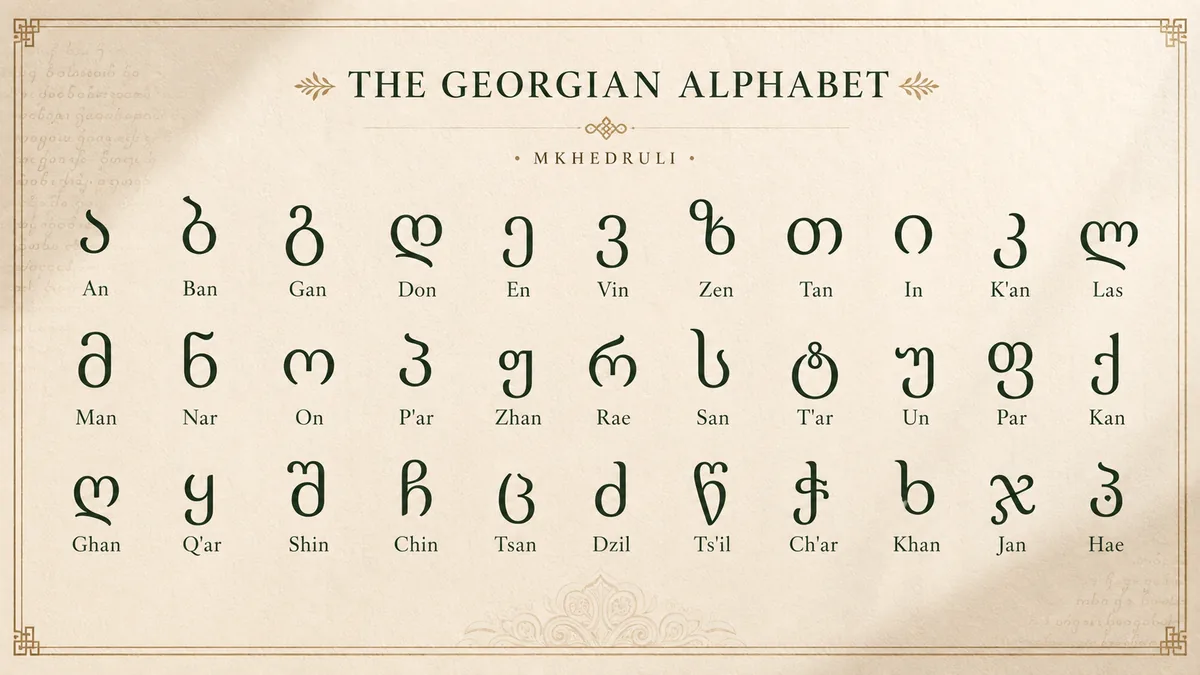 Tabla de las 33 letras del alfabeto georgiano mkhedruli con sus nombres romanizados