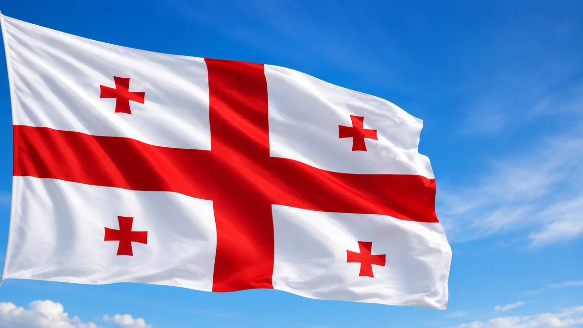 Die georgische Nationalflagge weht im Wind vor strahlend blauem Himmel, mit ihrem zentralen und vier kleinen roten Kreuzen auf weißem Feld