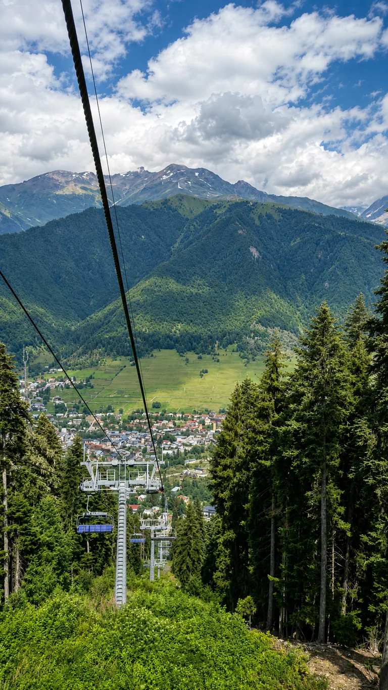 View from the Hatsvali chairlift over Mestia and the Greater Caucasus peaks, Svaneti, Georgia
