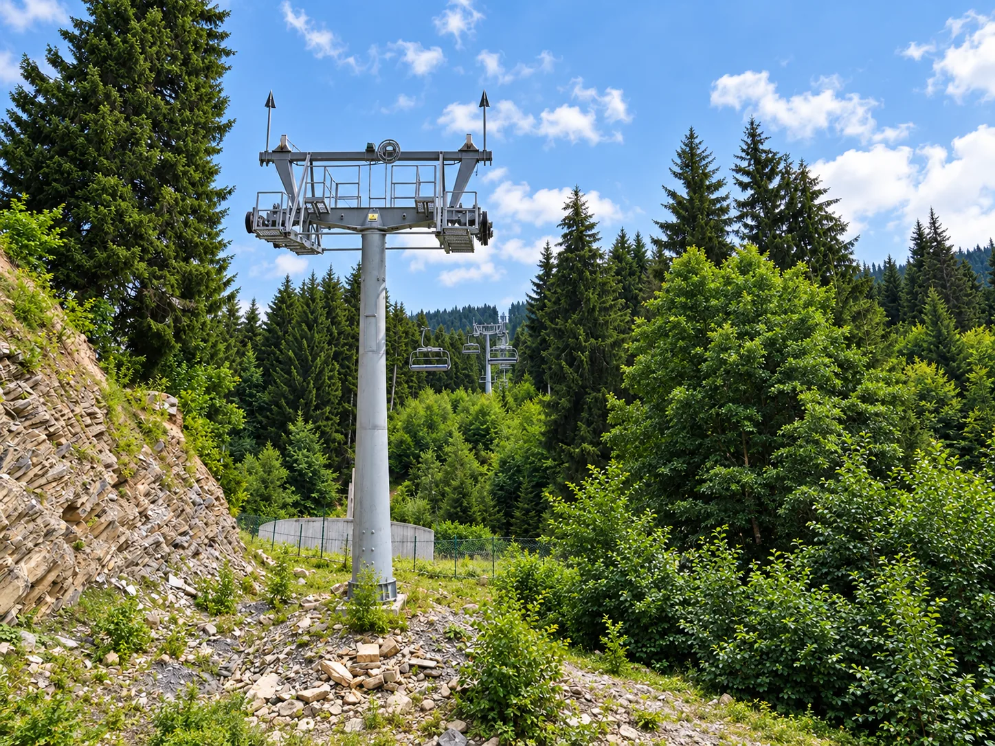 Sessellift-Stütze und offene Sessel über einem bewaldeten grünen Sommerhang in Hatsvali bei Mestia, Oberswanetien, Georgien