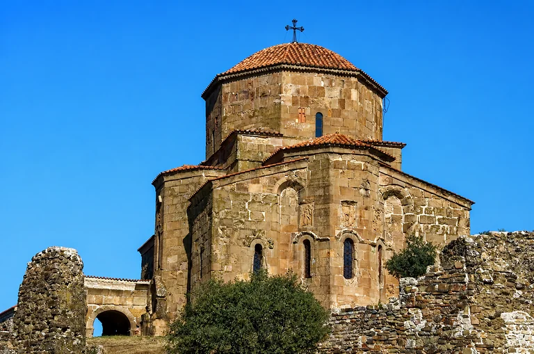 The UNESCO-listed Jvari Monastery, a 6th-century stone church on a hilltop above the confluence of the Aragvi and Mtkvari rivers at Mtskheta, Georgia