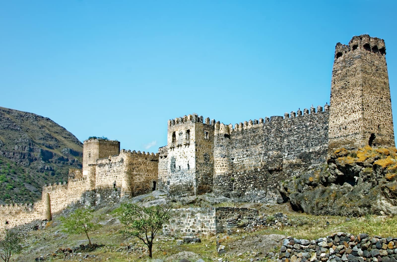The medieval Khertvisi Fortress on a hilltop above the river on the road to Vardzia, Georgia