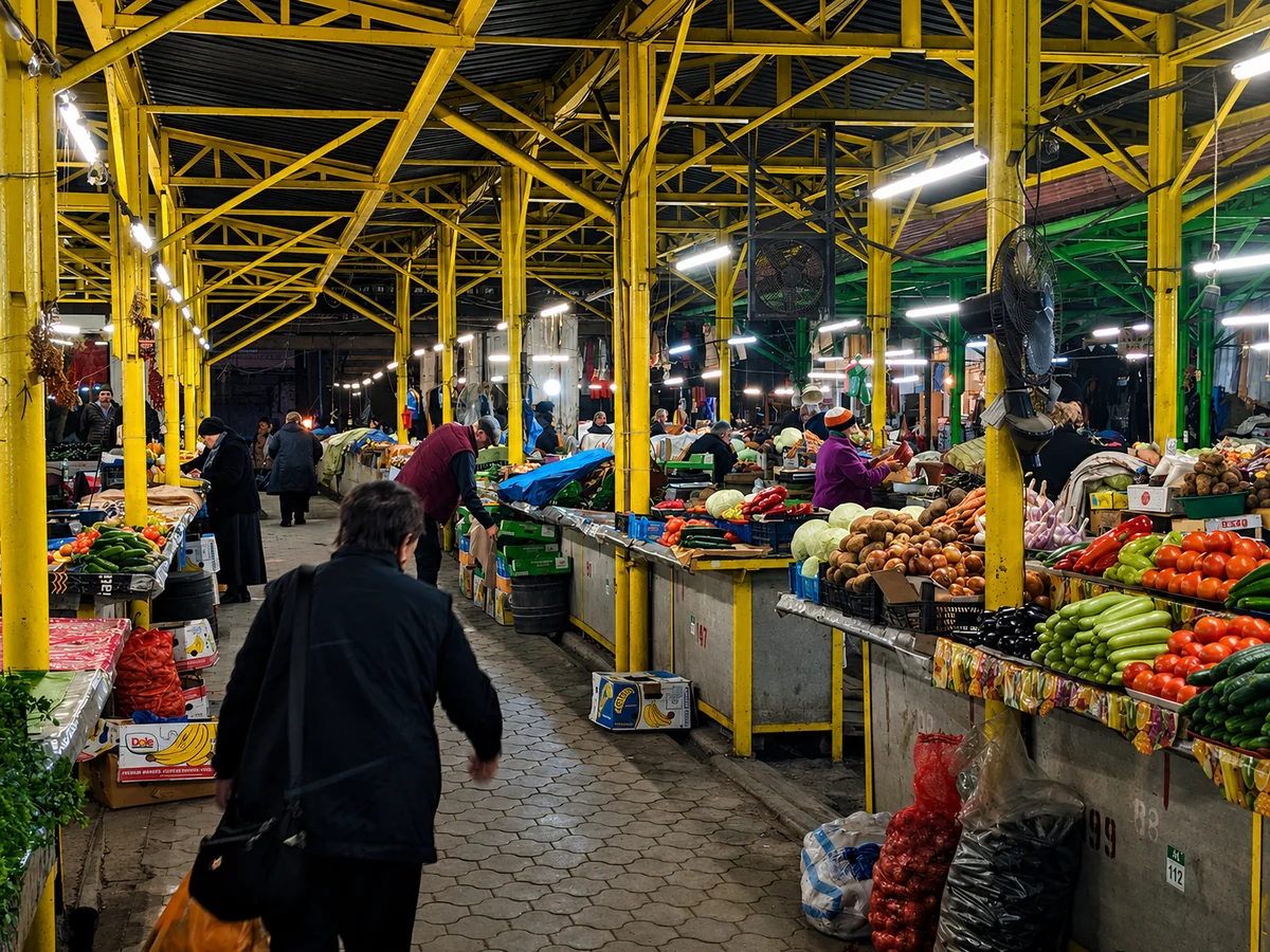 Produce stalls under the yellow steel roof of the Green Bazaar in Kutaisi, Georgia