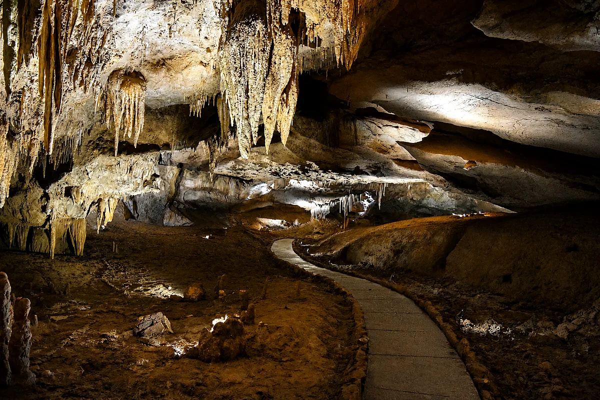 Stalaktity a stalagmity v barevném osvětlení v Prométheově jeskyni, Kumistavi, Imeretie, Gruzie