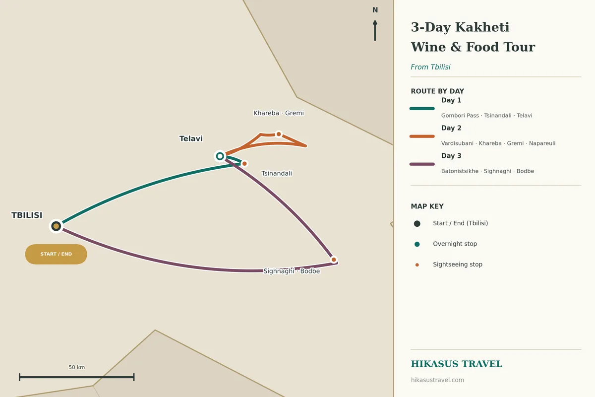 Ilustrovaná mapa trasy 3denního kachetského vinařsko-gastronomického zájezdu z Tbilisi, přes průsmyk Gombori do Tsinandali a Telavi, se smyčkou k vinařství Khareba, Gremi a Napareuli a posledním dnem přes Sighnaghi a Bodbe před návratem do Tbilisi