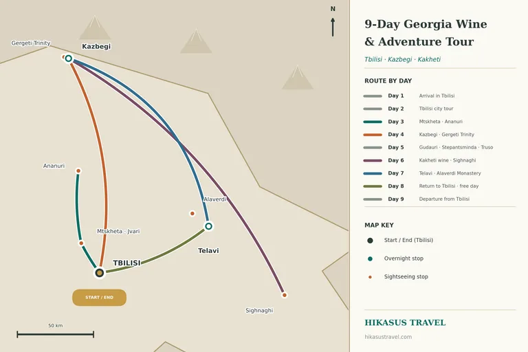 Geïllustreerde routekaart van de 9-daagse Georgische wijn- en avontuurreis met standplaatsen in Tbilisi, Kazbegi en Telavi, met Mtscheta en Ananuri, de Gergeti-Drie-eenheidskerk bij Kazbegi en de hoge Kaukasus, en de wijnregio Kachetië rond Sighnaghi en het Alaverdi-klooster