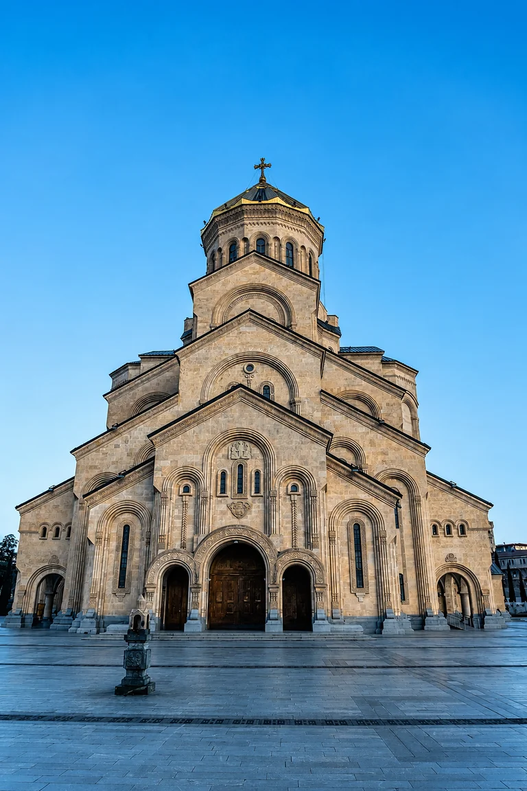 The main facade of the Holy Trinity Cathedral of Tbilisi seen from below, rising in tiers to its gilded dome, Georgia