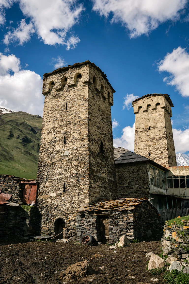Two Svan tower houses with machicolated tops in a village in Upper Svaneti, Georgia
