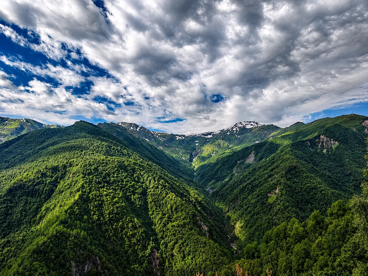 Forested ridges of the Greater Caucasus falling to a wooded valley below snow-streaked peaks in Svaneti, Georgia