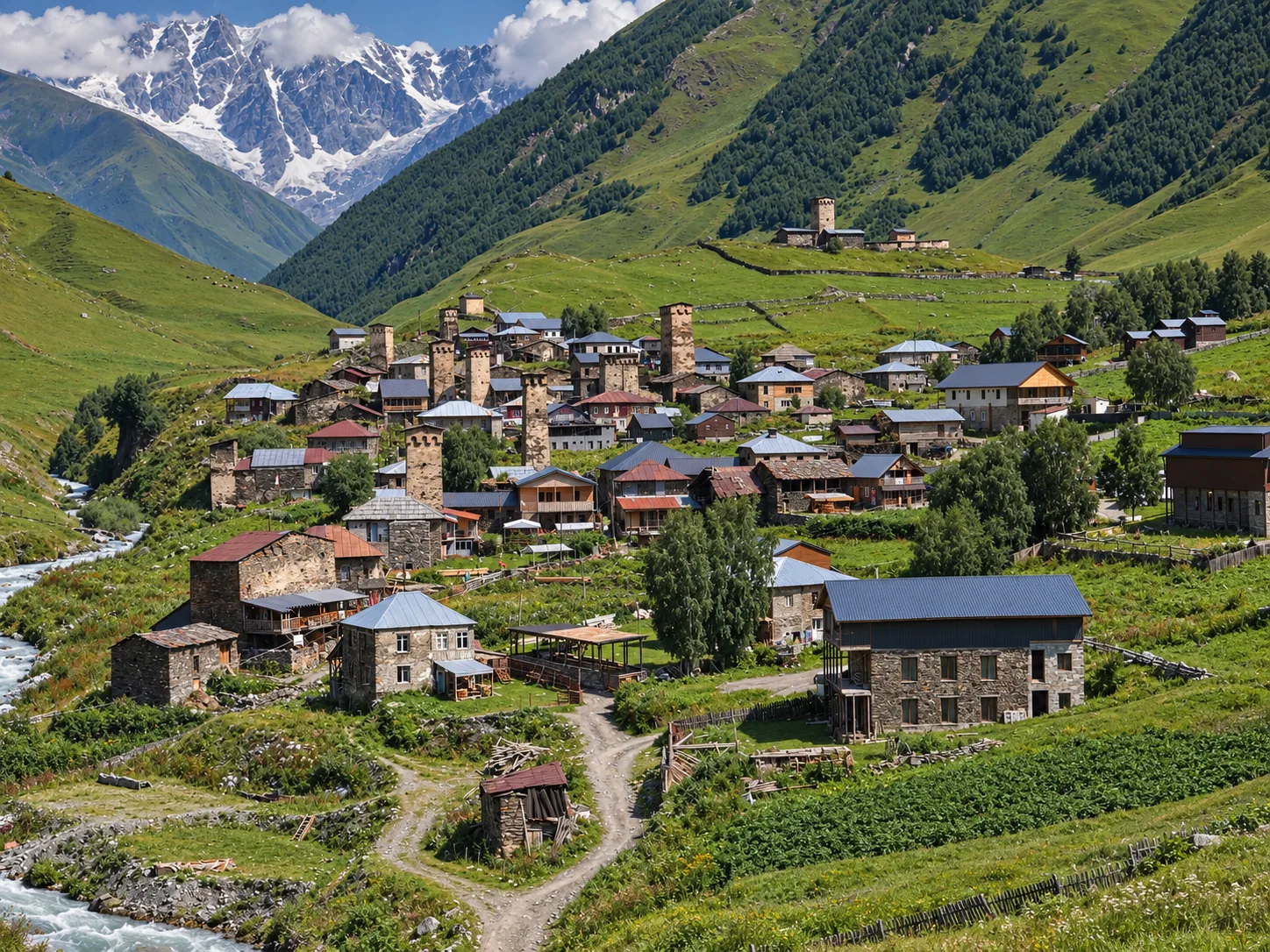 Mittelalterliche swanische Steintürme des Dorfes Ushguli an grünen Hängen unter dem schneebedeckten Schchara-Massiv, Oberswanetien, Georgien