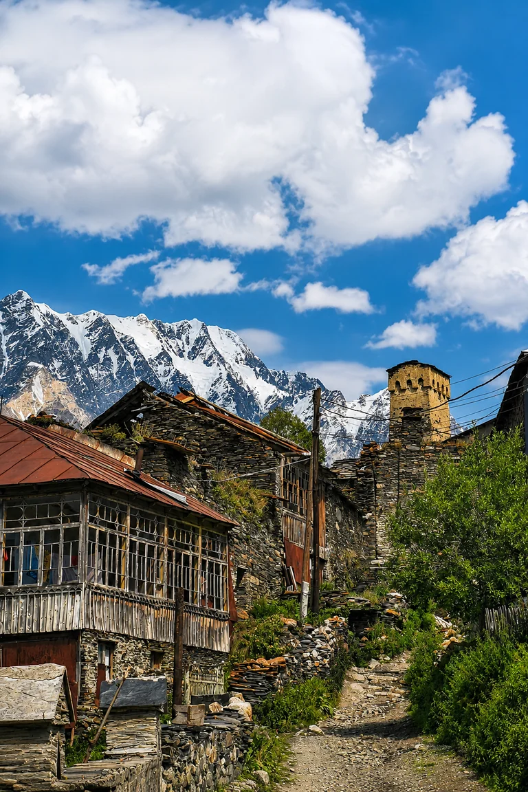 An unpaved lane between stone houses and a Svan tower in Ushguli, Svaneti, Georgia