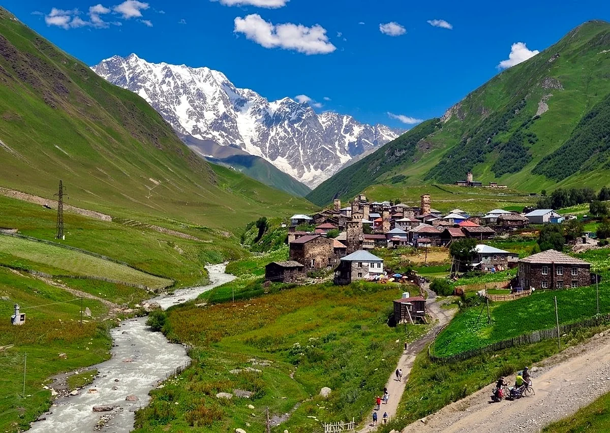 The medieval Svan towers of Ushguli village below Mount Shkhara, Upper Svaneti, Georgia