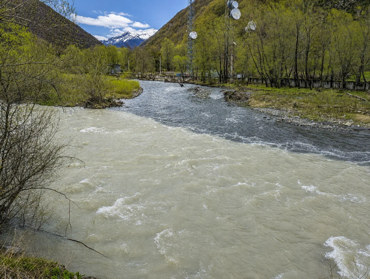 Confluence of the Black and White Aragvi rivers near Pasanauri on the Georgian Military Highway, Georgia