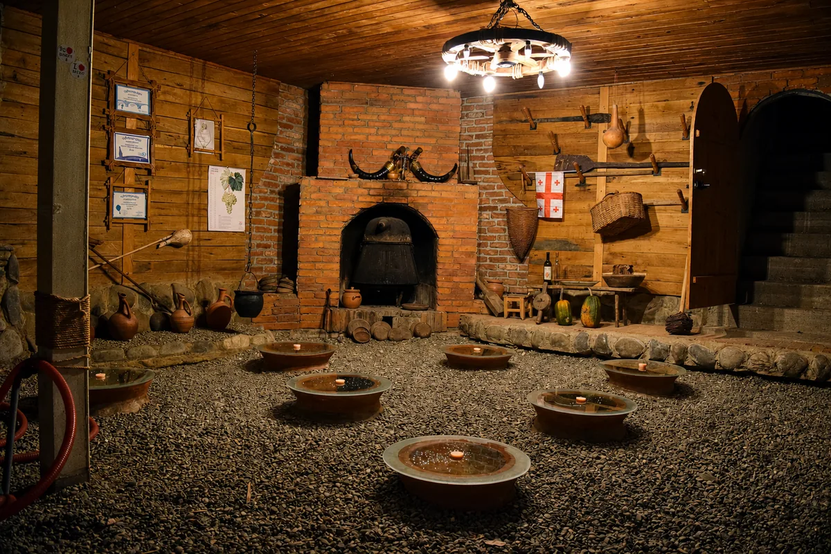 Traditional qvevri wine cellar with clay amphorae set in the floor at a family winery in Imereti, Georgia