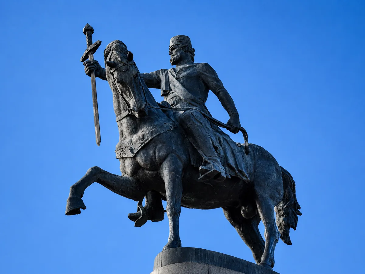 Bronze equestrian monument to King Erekle II against a blue sky in Telavi, Georgia