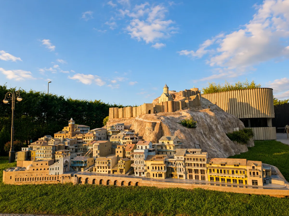 Modèle réduit du vieux Tbilissi et de la forteresse de Narikala sur sa colline rocheuse au parc Georgia in Miniatures à Shekvetili, Géorgie