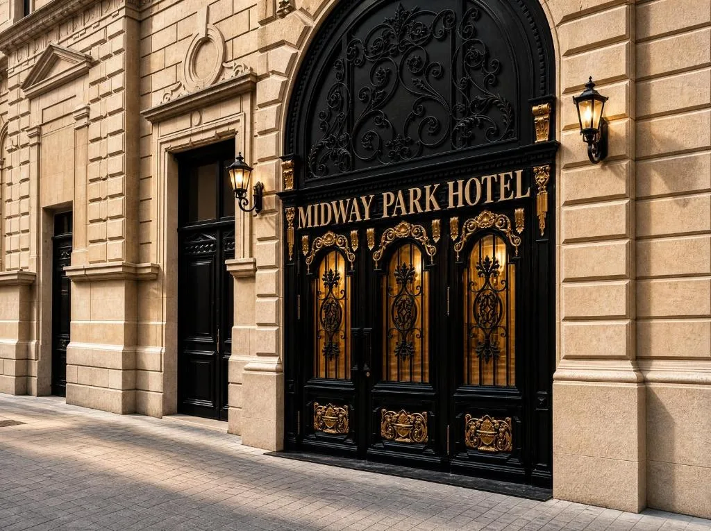 Wejście z szyldem hotelu, Midway Park Hotel w Baku, Azerbejdżan