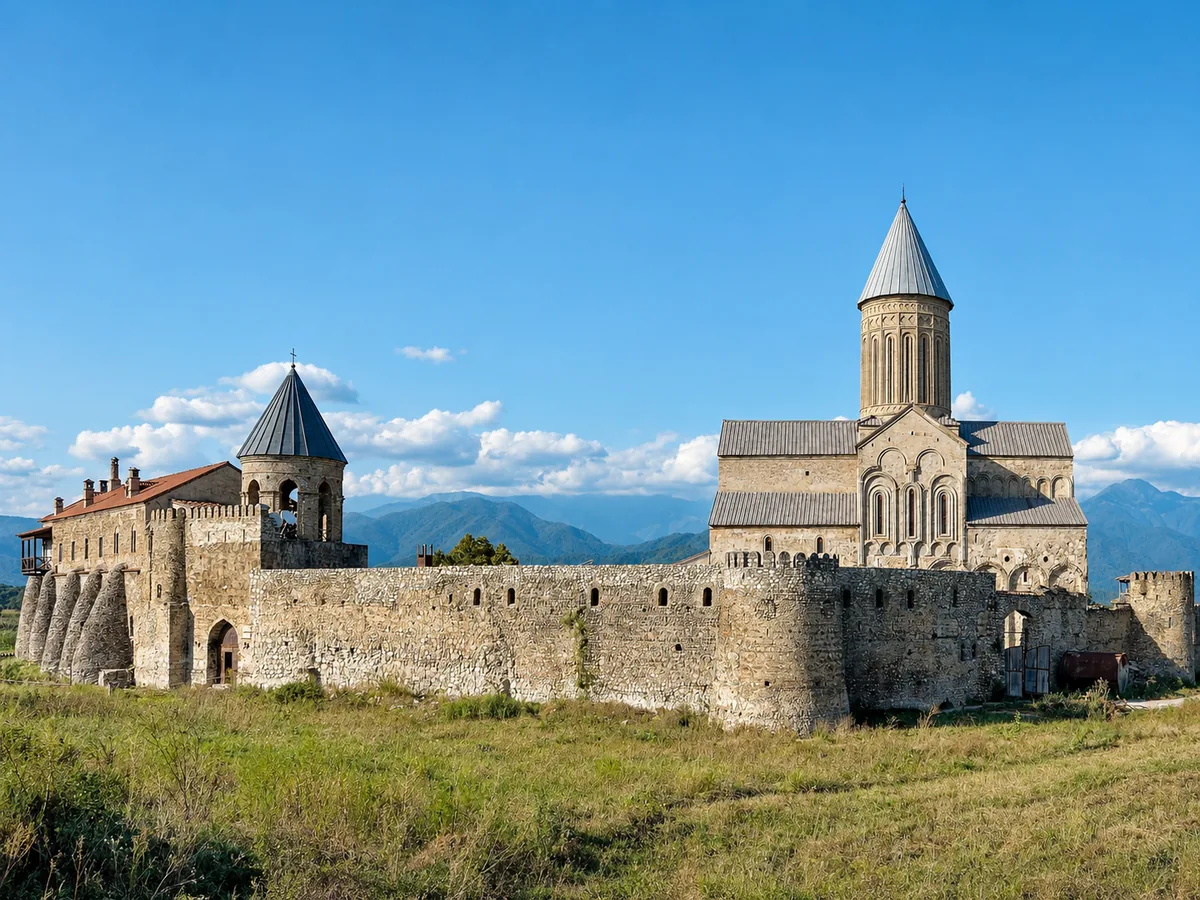 De kathedraal van Alaverdi achter de kloostermuren op de vlakke valleibodem, Kakheti, Georgië