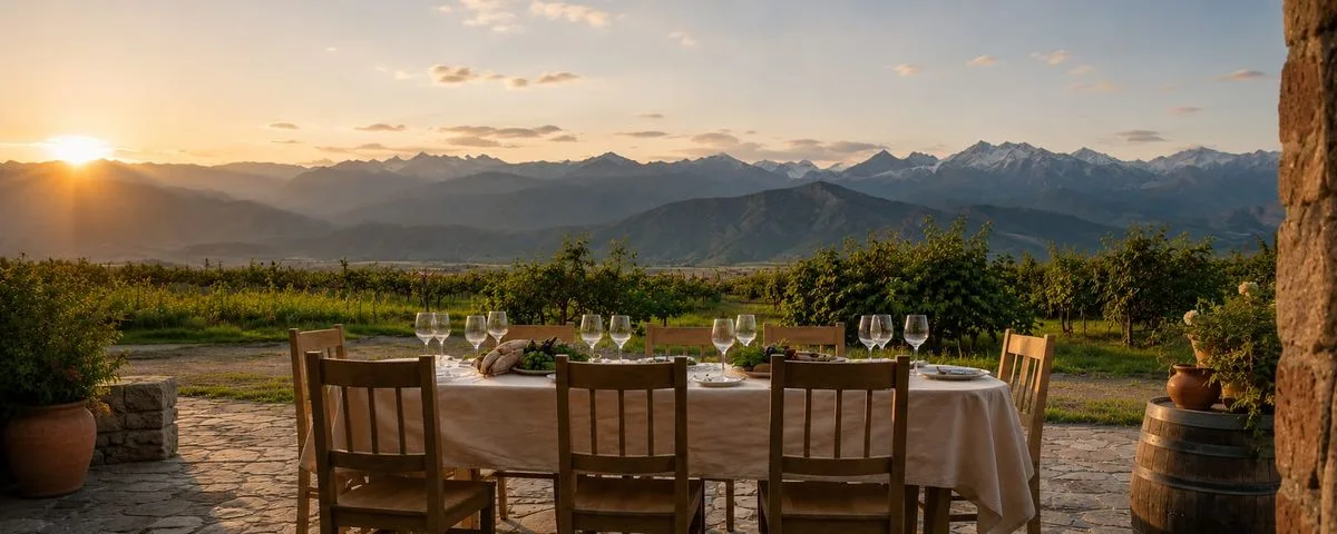 Une table dressée sur une terrasse au-dessus des vignes, le Grand Caucase au fond, Kakheti, Géorgie