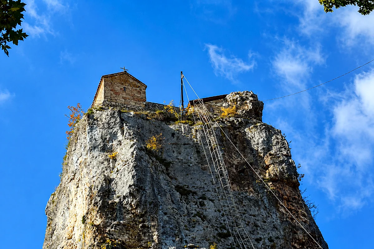 The small church on top of the Katskhi Pillar limestone monolith, Imereti, Georgia