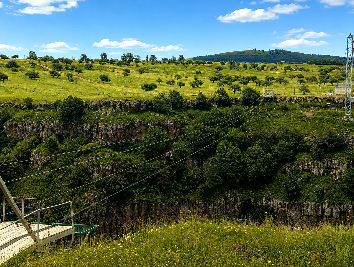 The basalt walls and green slopes of Dashbashi Canyon near Tsalka, Kvemo Kartli, Georgia