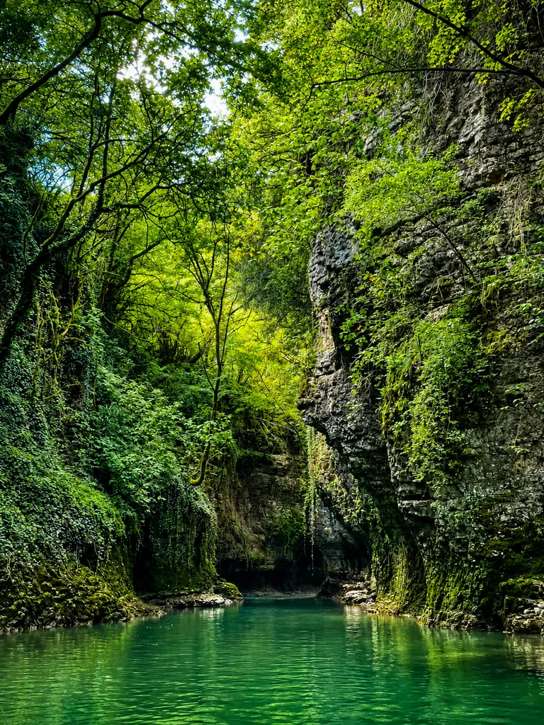 La poza esmeralda en el cañón de Martvili, Samegrelo, Georgia