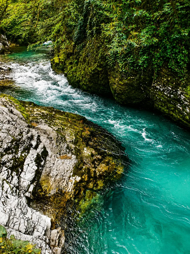 Turquoise water below the limestone walls of Martvili Canyon, Samegrelo, Georgia