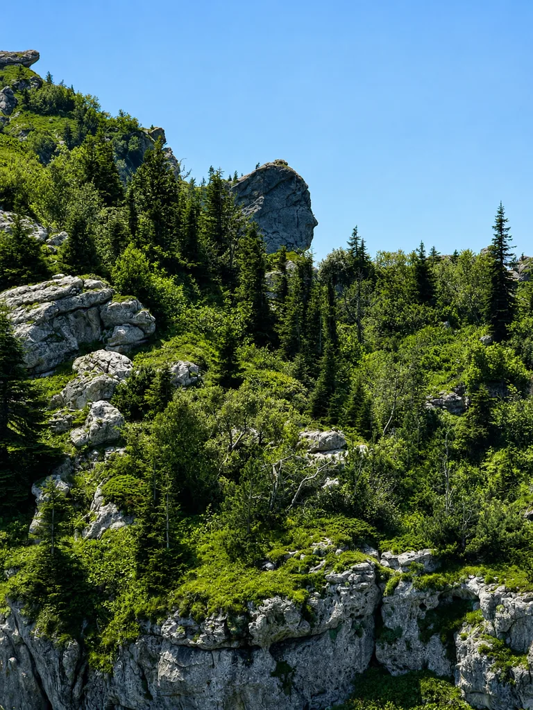 Weathered limestone crags on the slopes of the Khvamli massif in Lechkhumi, Georgia