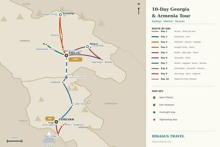 Ilustrovaná mapa trasy 10denního soukromého zájezdu po Gruzii a Arménii: Tbilisi, Uplistsikhe, Gori, Kazbegi, Kachetie a Telavi, poté hraniční přechod Sadakhlo–Bagratašen, Haghpat, jezero Sevan a Jerevan, s výlety do Khor Virapu, Garni a Geghardu