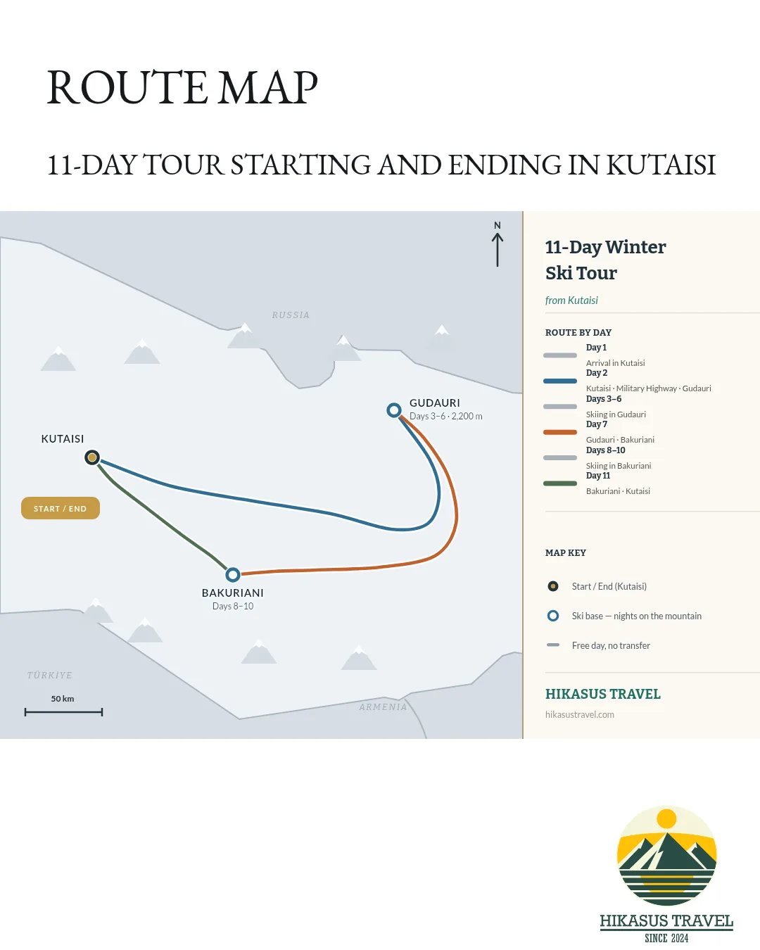 Carte de l'itinéraire du circuit de ski d'hiver de 11 jours au départ de Koutaïssi, de Koutaïssi à Goudaouri, puis Bakouriani, et retour à Koutaïssi.