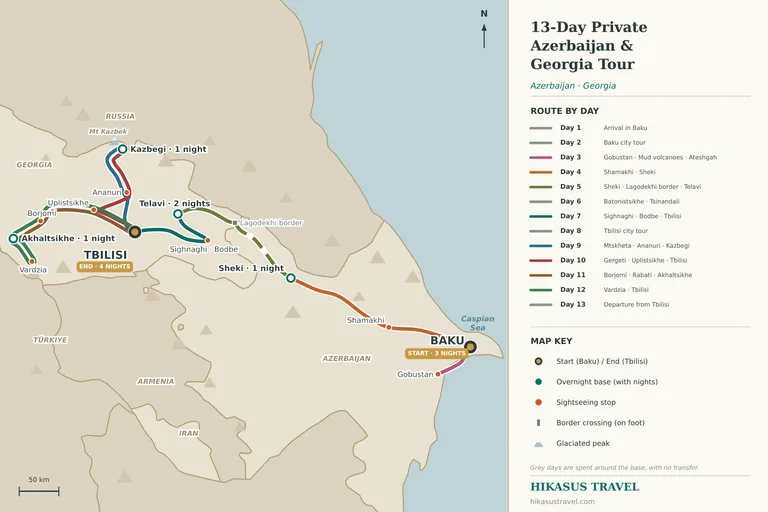 Ilustrowana mapa trasy 13-dniowej prywatnej wycieczki po Azerbejdżanie i Gruzji: Baku, Gobustan i Szamachy, Szeki, przejście graniczne Lagodekhi, Kachetia i Telawi, Sighnaghi i Bodbe, Tbilisi, Mccheta, Ananuri i Kazbegi, Uplisciche, Borjomi, Akhaltsikhe i Vardzia