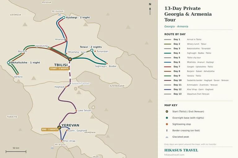 Illustrierte Routenkarte der 13-tägigen Privatreise durch Georgien und Armenien: Tiflis, Kachetien und Telawi, Sighnaghi und Bodbe, Mzcheta, Ananuri und Kasbegi, Uplisziche, Borjomi, Akhaltsikhe und Vardzia, der Grenzübergang Sadakhlo–Bagratashen, Haghpat, Sevan-See und Jerewan, mit Tagesausflügen nach Etchmiadzin, Khor Virap, Garni und Geghard
