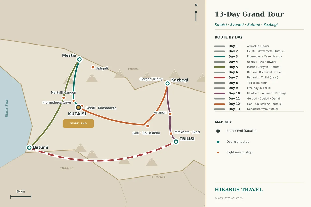 Ilustrovaná mapa trasy 13denní gruzínské grand tour se základnami v Kutaisi, Mestii, Batumi, Tbilisi a Kazbegi, s Gelati a Mocameta, Prométheovou jeskyní, svanskými věžemi v Mestii a Ušguli, kaňonem Martvili, pobřežím Batumi, Mcchetou a Ananuri, kostelem Nejsvětější Trojice v Gergeti u Kazbegi a s Gori a Uplisciche, s malebným vlakem z Batumi do Tbilisi