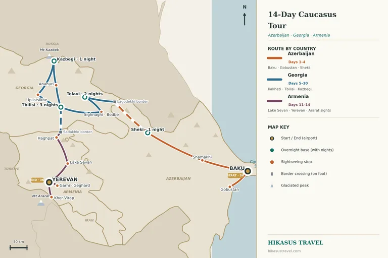 Illustrated route map of the 14-day private tour across Azerbaijan, Georgia and Armenia: Baku, Gobustan and Shamakhi, Sheki, the Lagodekhi border crossing, Kakheti and Telavi, Sighnaghi and Bodbe, Tbilisi, Mtskheta, Ananuri and Kazbegi, the Sadakhlo–Bagratashen border crossing, Haghpat, Lake Sevan and Yerevan, with day trips to Khor Virap, Garni and Geghard
