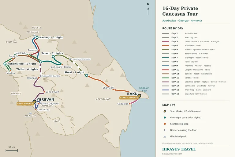 Geïllustreerde routekaart van de 16-daagse privétour door Azerbeidzjan, Georgië en Armenië: Bakoe, Gobustan en Shamakhi, Sheki, de grensovergang Lagodekhi, Kacheti en Telavi, Sighnaghi en Bodbe, Tbilisi, Mtskheta, Ananuri en Kazbegi, Uplistsikhe, Borjomi, Akhaltsikhe en Vardzia, de grensovergang Sadakhlo–Bagratashen, Haghpat, het Sevanmeer en Jerevan, met dagtrips naar Etchmiadzin, Khor Virap, Garni en Geghard