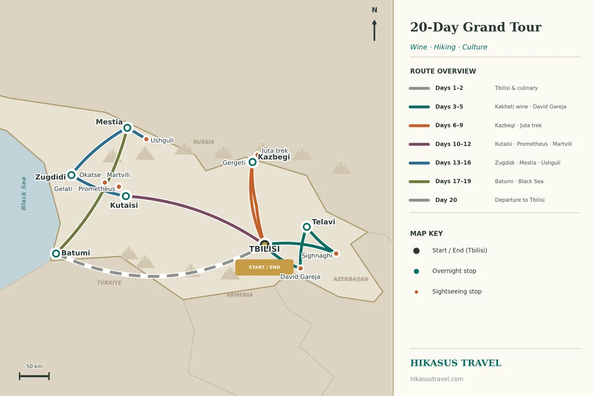 Ilustrovaná mapa trasy 20denní gruzínské grand tour se základnami v Tbilisi, Telavi, Kazbegi, Kutaisi, Zugdidi, Mestii a Batumi, se Sighnaghi a David Gareja, Ananuri a kostelem Nejsvětější Trojice v Gergeti, trekem do Juty, Gelati a Prométheovou jeskyní, kaňony Okatse a Martvili, svanskými věžemi v Mestii a Ušguli a pobřežím Batumi