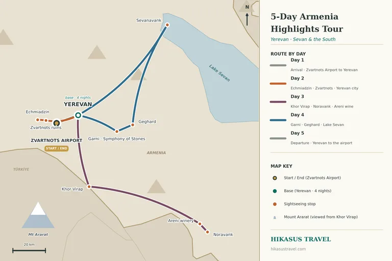 Geïllustreerde routekaart van de 5-daagse privétour door Armenië, met Jerevan als uitvalsbasis en dagtochten naar Etchmiadzin en Zvartnots, Khor Virap, Noravank en de wijnregio Areni, en naar Garni, Geghard en het Sevanmeer
