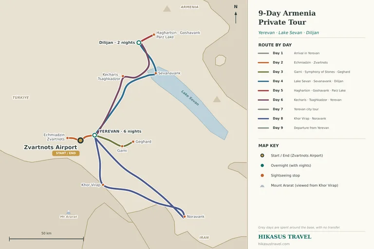 Geïllustreerde routekaart van de 9-daagse privétour door Armenië, met Jerevan als uitvalsbasis en dagtochten naar Etchmiadzin en Zvartnots, Garni en Geghard, en Chor Virap en Noravank, plus twee nachten in Dilijan na het Sevanmeer, met uitstapjes naar Haghartsin, Goshavank en het Parzmeer en terugweg via Kecharis