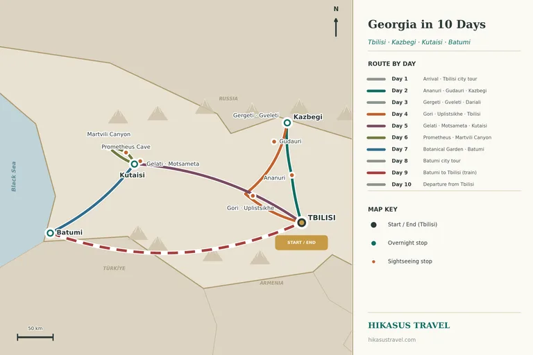 Ilustrovaná mapa trasy 10denního gruzínského výletu se základnami v Tbilisi, Kazbegi, Kutaisi a Batumi, s Ananuri a Gudauri, kostelem Nejsvětější Trojice v Gergeti u Kazbegi, Gori a Uplisciche, Gelati a Mocameta, Prométheovou jeskyní a kaňonem Martvili a pobřežím Batumi, s malebným vlakem zpět do Tbilisi